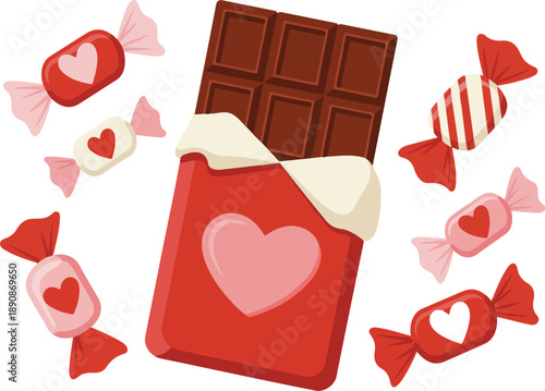 Valentine chocolate bar and heart candies vector set cute sweets and bow illustration for love designs