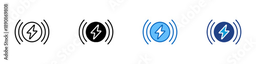 Wireless charging icon with lightning bolt symbol and concentric wave signals indicating transmission of power without cables for electronic devices and mobile technology concept