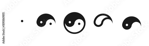 Yin and yang symbol evolution concept showing transformation from simple dot to complex yin yang and taijitu in different shapes and sizes illustrating duality balance and harmony abstract concept