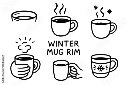 Winter mug rim illustration set with hot beverages and cozy hands, perfect for warm drinks and seasonal cafe designs.