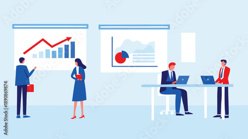 Business professionals analyzing data on graphs and laptops in a meeting room with blue background