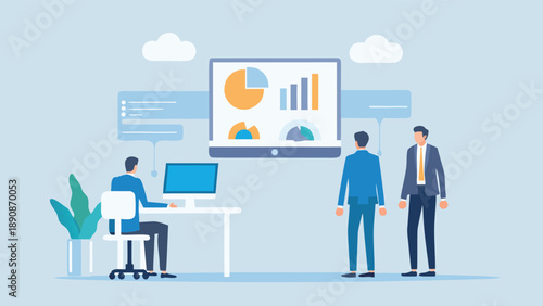 Business meeting with colleagues discussing graphs and charts on screen in office setting with blue background