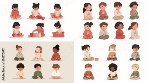 Cartoon children illustration set showing kids sitting and interacting together perfect for education materials social concepts character design and friendly classroom visuals