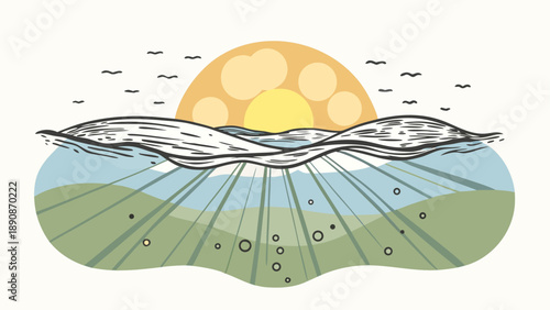 Underwater landscape with sunlight rays and hills eco nature scene illustration