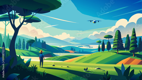 Futuristic golfer on vibrant green course with airplane flying over scenic mountain landscape