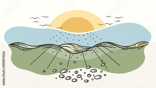 Underwater ocean scene with sunlight rays fish seabed coral reef summer beach nature