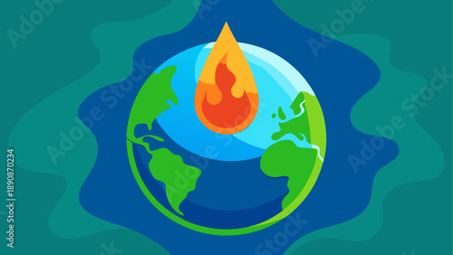 Global warming crisis illustration with earth and melting flame in vibrant blue green background