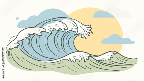 Ocean wave crashing under golden sunset sky illustration hand drawn watercolor sea nature