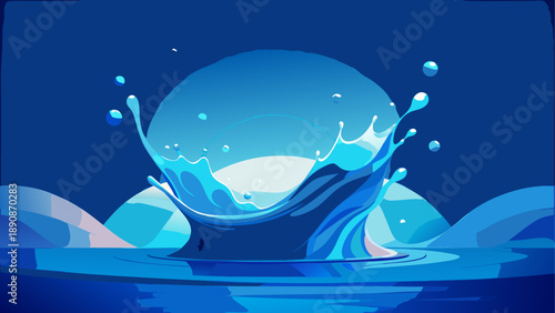 Glowing water splash sphere with waves and bubbles in futuristic blue ocean under cosmic sky