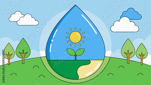 Earth inside water droplet eco nature sustainability concept illustration with sun trees and clouds