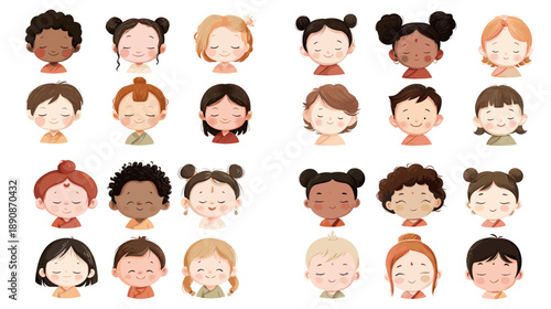 Cute children face illustration set with diverse expressions hairstyles and skin tones ideal for avatars education projects character design and friendly kids graphics