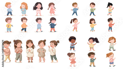 Cartoon kids illustration set with boys and girls in different outfits poses and actions perfect for education character design animation projects and modern children visuals