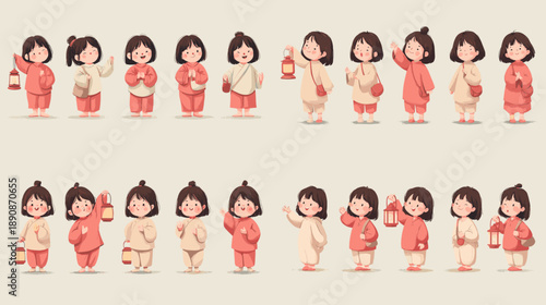 Cute cartoon illustration set showing baby and toddler poses in soft colors ideal for nursery designs parenting content education materials and friendly character graphics