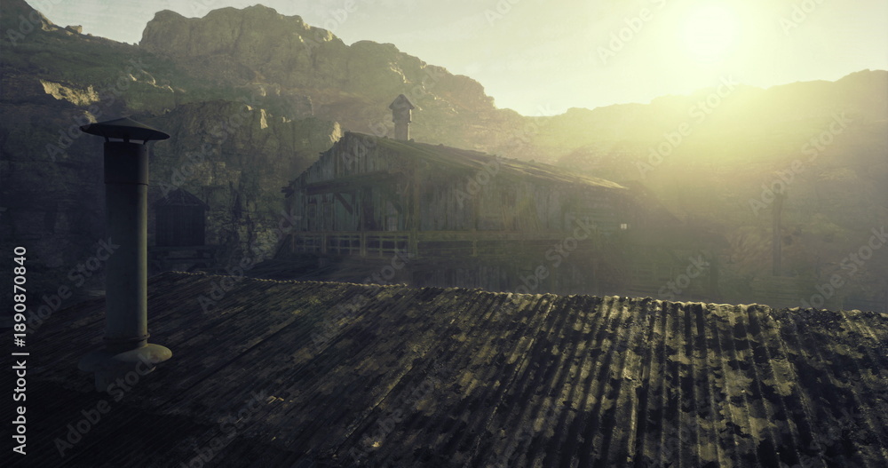 Naklejka premium sunlit rooftop overlooking misty mountain ruins, weathered clay tiles and solitary stone column bathed in golden haze, quiet dawn atmosphere with long shadows,