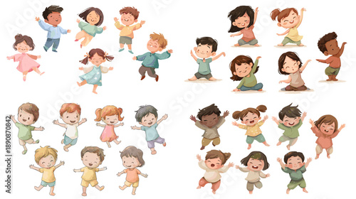 Cartoon children illustration set with kids dancing jumping and playing together perfect for education projects activity scenes character animation and joyful designs