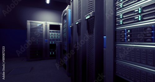 dark server room with illuminated racks, cool blue LED lighting, dense cabling and fiber trunks, active rack status lights, climatecontrolled enclosure