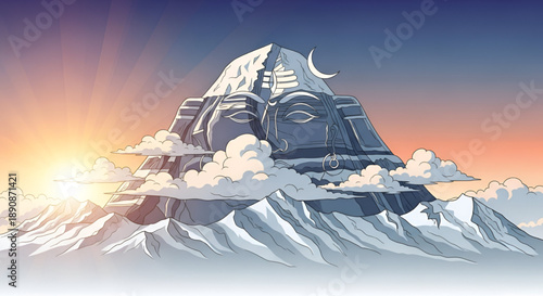 Sacred Shiva mountain illustration with peaceful sunrise clouds and divine spirituality symbolizing devotion meditation and holy Maha Shivratri festival concept