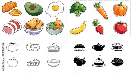 Food illustration set with fruits vegetables meat and dishes in color and outline styles ideal for menu design nutrition education cooking apps and food icon collections