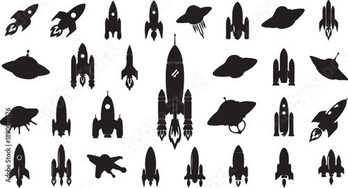 Collection of rocket silhouette vector illustrations, space shuttle icons, spacecraft launch t