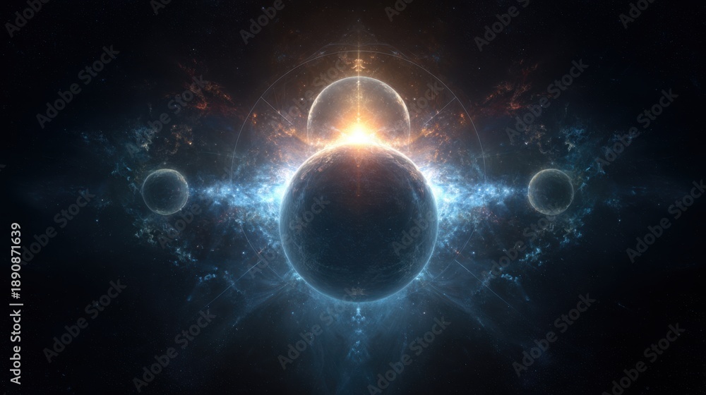 Obraz premium Futuristic cosmic planets alignment with glowing energy light space fantasy science fiction universe background digital art on white background
