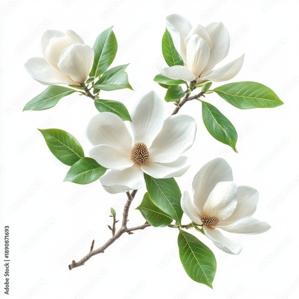 Obraz premium Elegant magnolia flowers with glossy green leaves, isolate on white background.