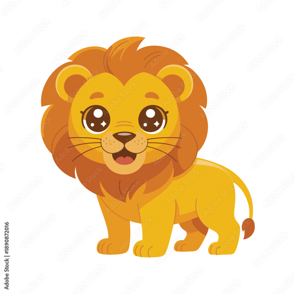 Obraz premium Majestic lion cartoon vector mascot, smiling jungle king for safari logo, birthday invitation, nursery poster, wildlife conservation campaign design