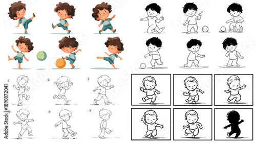 Cartoon character illustration set showing child movement poses sketch and outline stages ideal for animation design education character development and creative process presentations