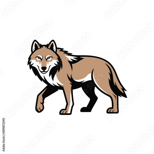 Brown wolf cartoon vector mascot, friendly woodland animal for outdoor camp, hiking club, kids nature lesson, rustic adventure badge design