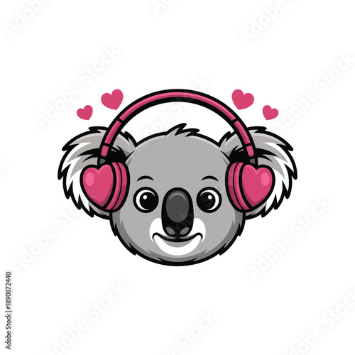 Koala with heart headphones, music festival kids zone mascot, family concert poster element, sing along session graphic, valentines party sticker