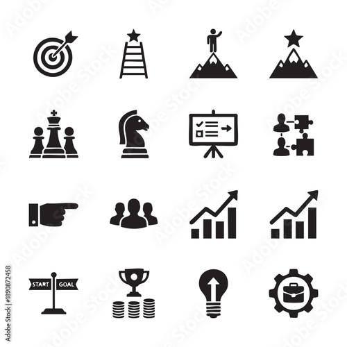Business strategy including target dartboard chess pieces and growth charts