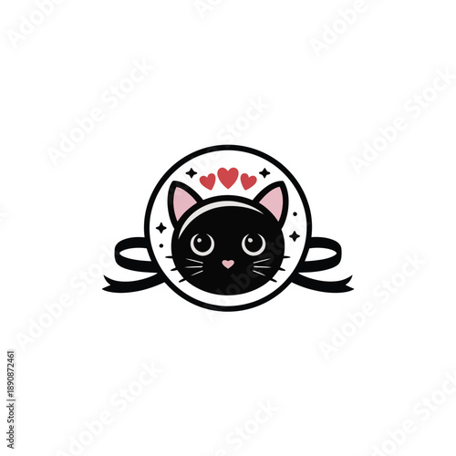 Black kitty round badge with little hearts, halloween party favor design, costume parade sticker, spooky craft session graphic vector