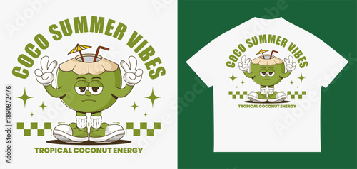vintage retro coconut fruit character illustration for t-shirt design, streetwear, and apparel with coco summer vibes typography
