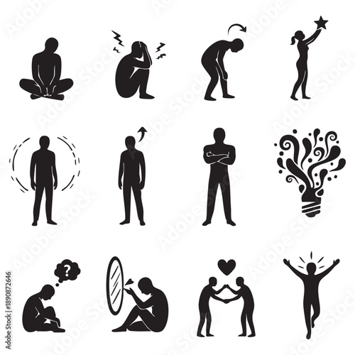 Collection of black silhouette depicting human emotions and actions person