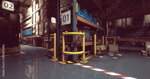 Fotografía empty industrial warehouse interior, dimly lit staging area with yellow safety barriers, steel racking and numbered signage