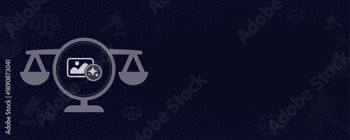 AI Image Rights and Media Law Scales of Justice Background with Photo Icon AI Sparkles Vector and Copy Space