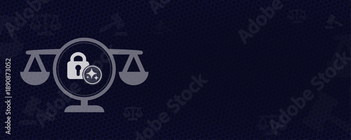 AI Data Privacy and Security Law Scales of Justice Background with Padlock Icon AI Sparkles Vector and Copy Space