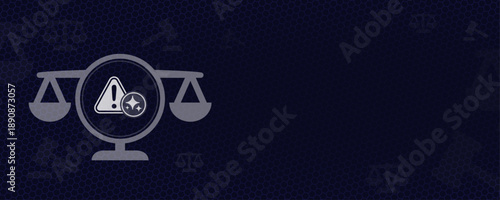 AI Liability and Hazard Law Scales of Justice Background with Warning Sign AI Sparkles Vector and Copy Space