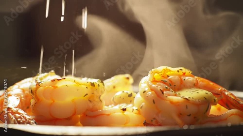 Close-up of succulent shrimp being seasoned with spices, creating a delicious and aromatic culinary experience.