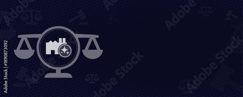AI Corporate and Industrial Law Scales of Justice Background with Factory Icon AI Sparkles Vector and Copy Space