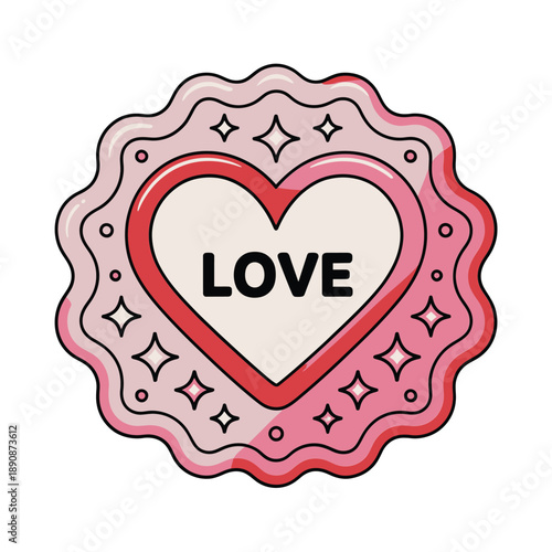 Retro badge label with scalloped edge, pink love emblem, Valentines sticker, romantic packaging seal, wedding favor tag vector illustration