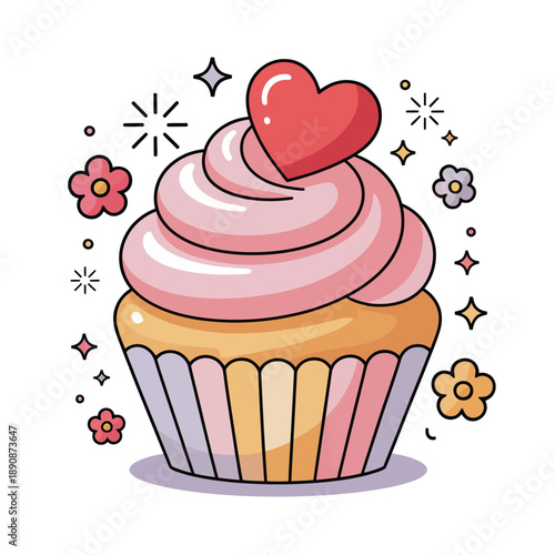 Kawaii cupcake with pink frosting and heart topper, sparkles and flowers, sweet valentines dessert icon for card and sticker