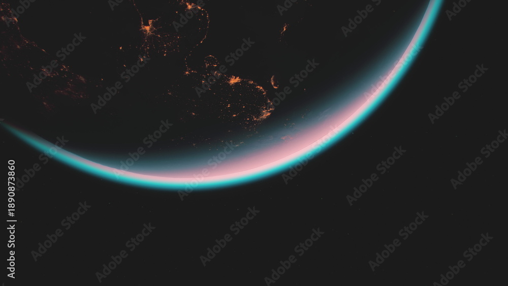 Fototapeta premium Dark side illuminated by distant luminous stellar burst, Cosmic hemisphere shining with spectral flare and dramatic contrast from star illumination