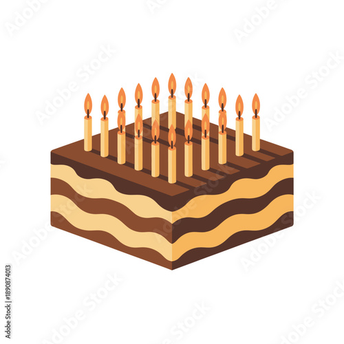 Striped chocolate sponge cake with tall candles vector illustration, tasty celebration dessert for birthday invitation, party flyer, pastry shop design