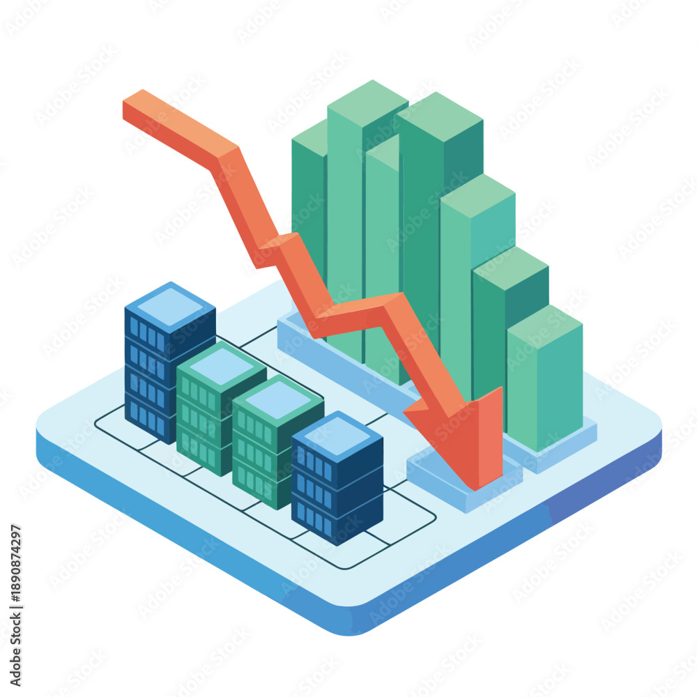 Fototapeta premium Red downward trend with city blocks, recession report presentation, finance department meeting, cost cutting session, expense reduction workshop agenda