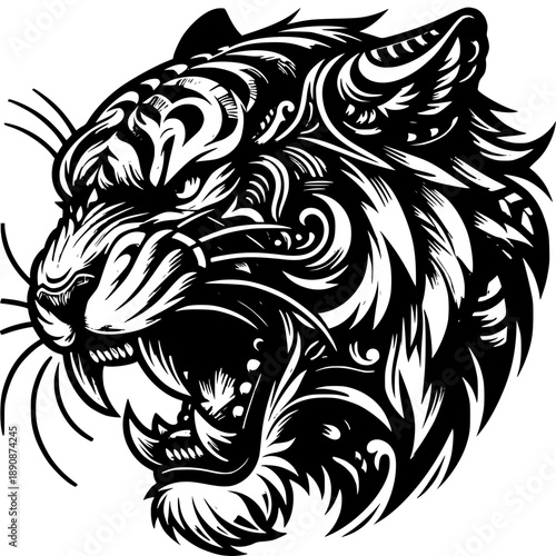 Roaring Tiger Silhouette: A powerful tiger head is rendered in an artistic silhouette, its fierce expression and detailed patterns showcasing strength and primal energy. 