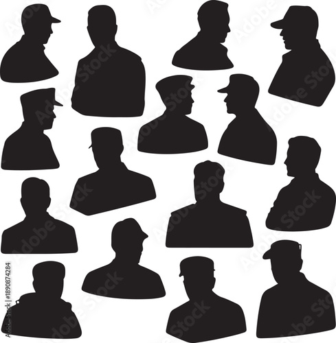 Black silhouettes of men wearing hats and caps in various poses