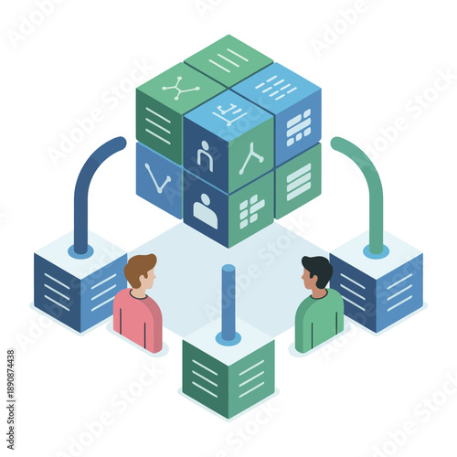 Data integration hub, knowledge cube with icons, team collaboration, ETL pipeline, system interoperability, enterprise architecture, information flow, business intelligence vector