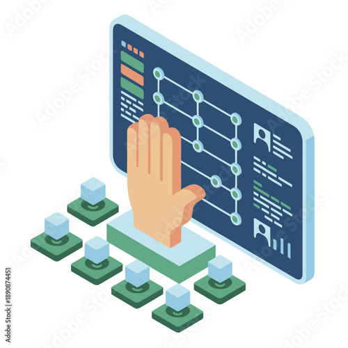 Isometric workflow board with hand choosing node, automation pipeline, data flow diagram, ui ux dashboard, software development vector illustration