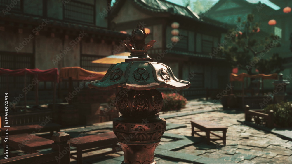 Naklejka premium A traditional Japanese temple with a glowing lamp on a table