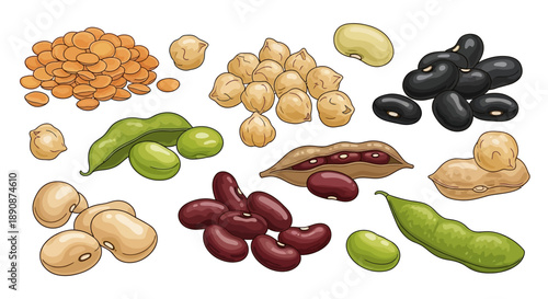Vector illustration of various legumes and beans for World Pulses Day, showcasing healthy food options in nutrition.